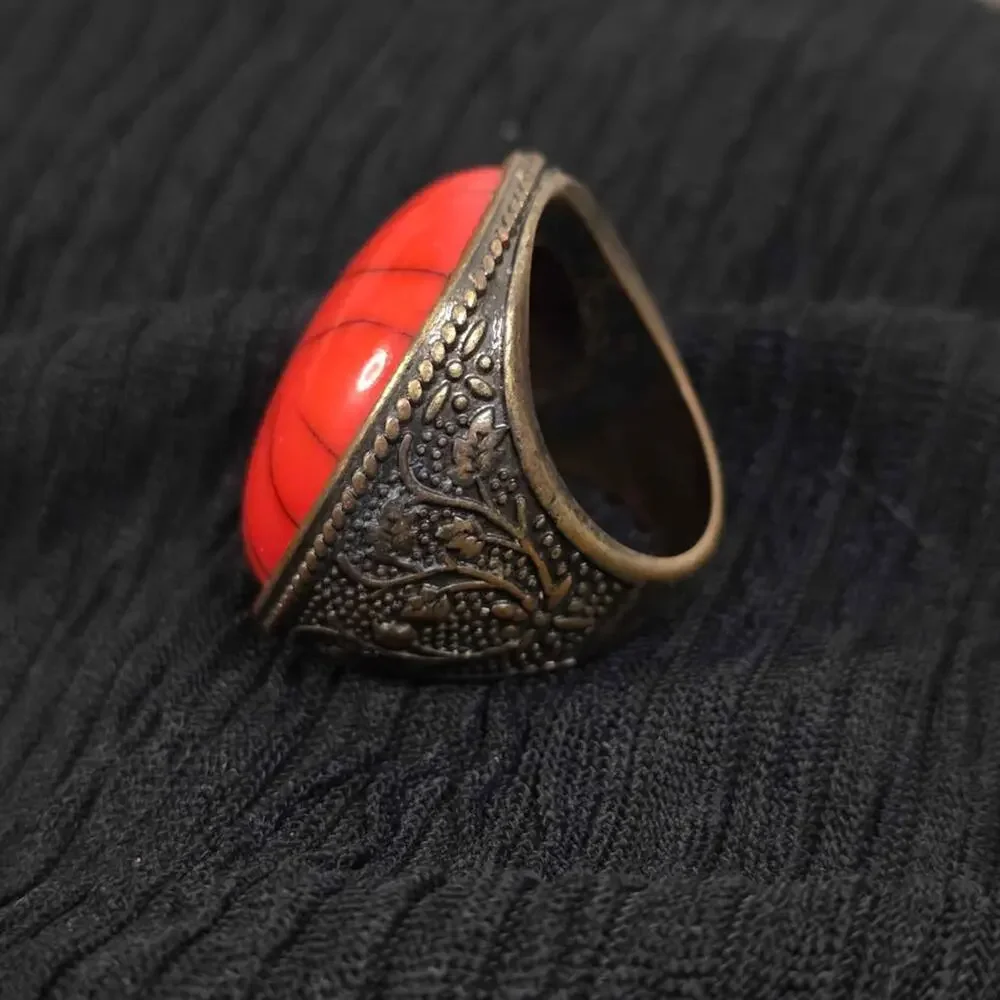 Vintage Orange Stone Statement Ring Boho Festival Gothic Cocktail Ring Size 9